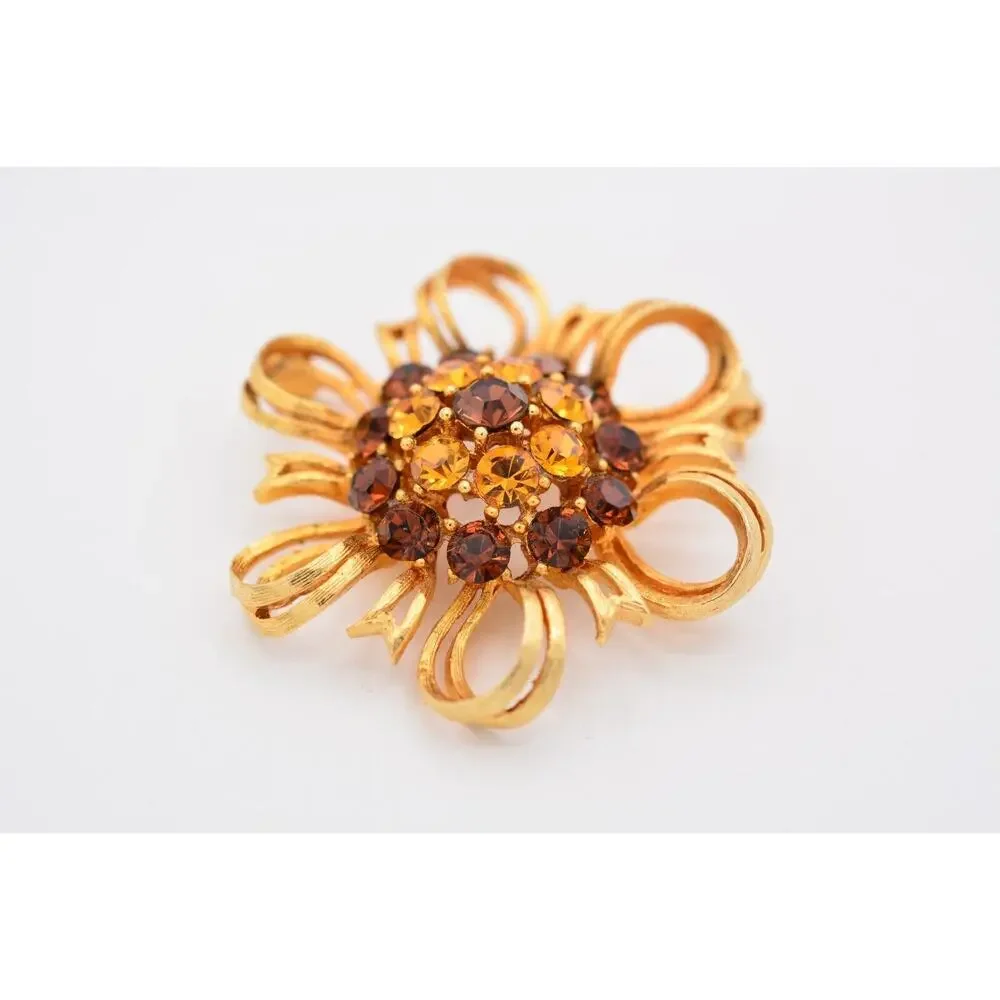 Lisner Vintage Flower Pin Brooch Amber Rhinestone Crystal Gold Signed 50s Bin5B